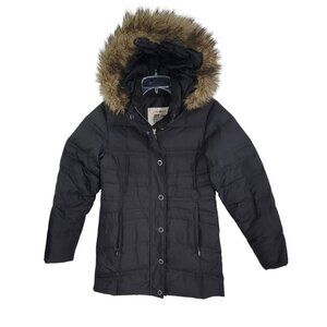 Eddie Bauer Womens Black Parka Down Filled Jacket Faux Fur Hood Zip Snap‎ PXS